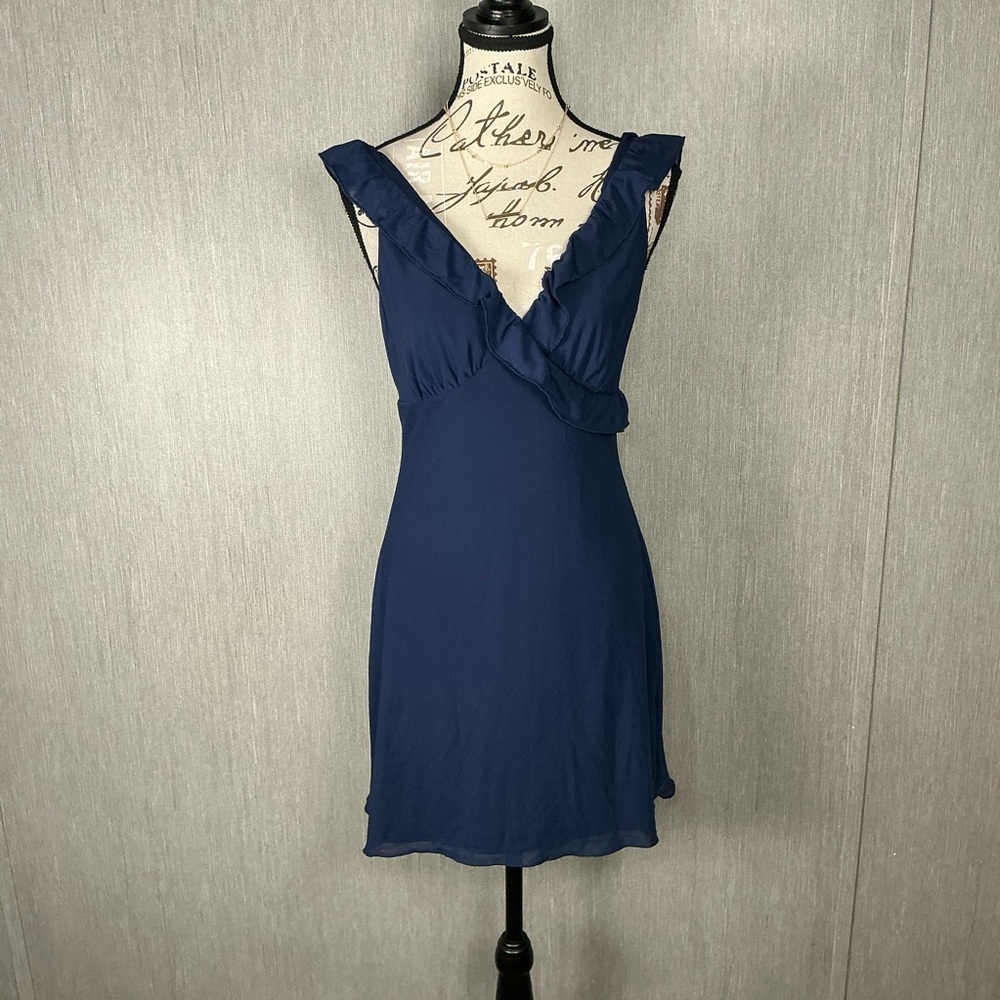 Navy Ruffled V-Neck Slip Dress Size Medium